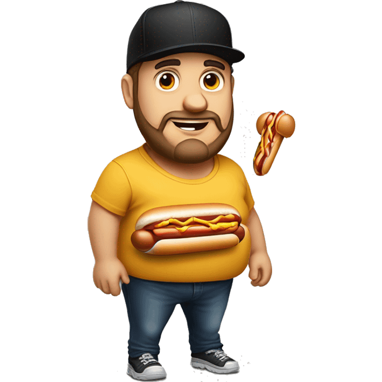 Fat Jewish man in his 30s wearing black trucker hat the image of a hot dog on it emoji