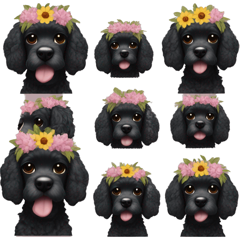 Black cockerpoo wearing a flower crown emoji