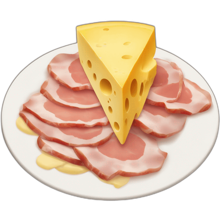 A big Melting raclette cheese in a plate with a little piece of ham and 4 potatoes  emoji