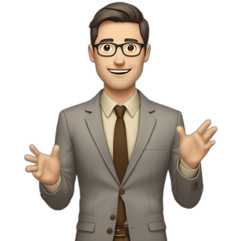 To belt Actively gesturing with hands Okay Pale skinned fit man with dark brown hair in gray jacket, beige office shirt, brown tie, brown pants and vintage glasses. emoji