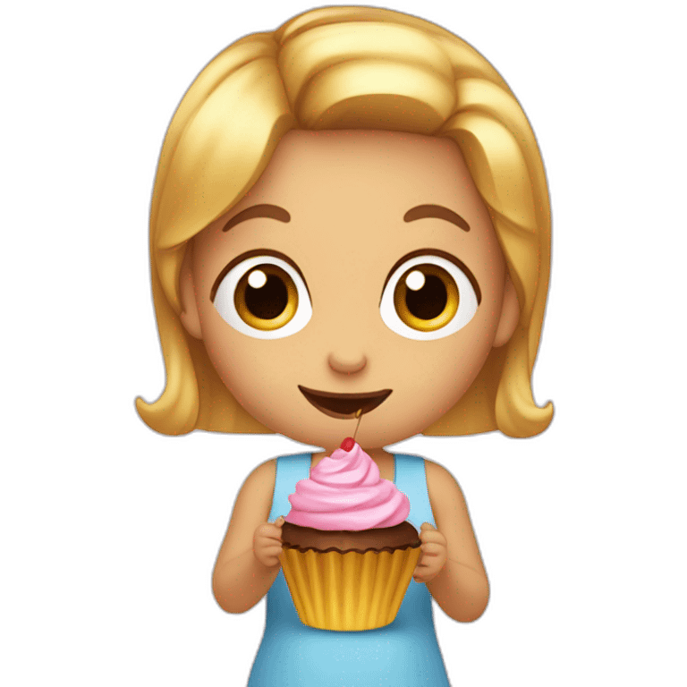 4-years old girl with golden straight hair eats cupcake emoji