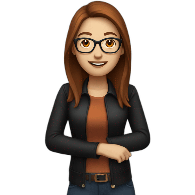 white woman with glasses with long straight brown hair waving wearing a dark orange shirt and black jacket emoji