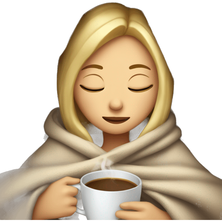 blond girl inside a blanket sipping coffee eyes closed emoji