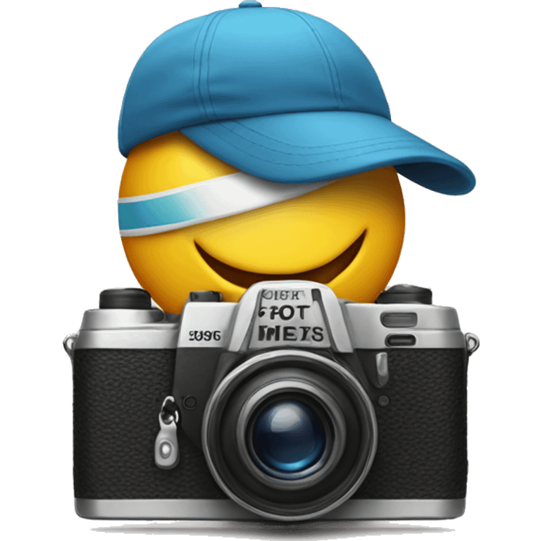 Camera with feet and happy retro cap running emoji