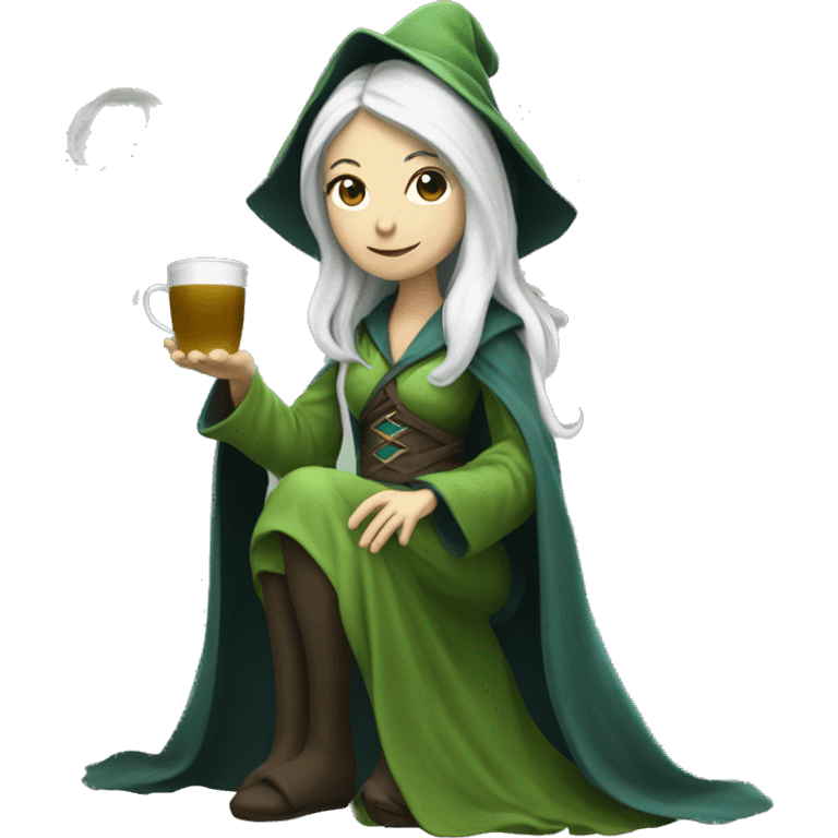 a female wizard with a white beard drinking matcha tea. Her full body is shown emoji