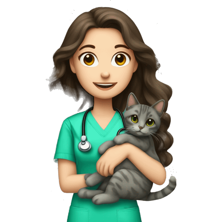 Pretty Brunette long wavy hair veterinary nurse. green scrubs holding a cat emoji