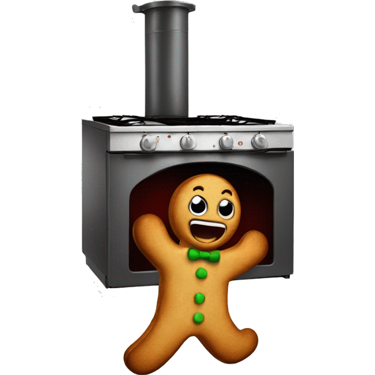 Oven with scared gingerbread man running away emoji