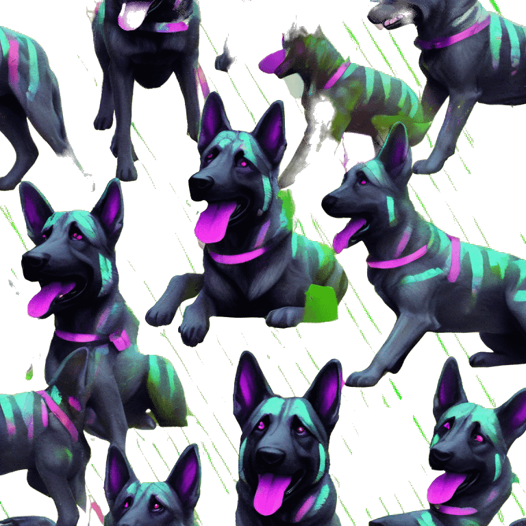 .Zombie_ Vaporwave black holographic oilslick zombie German shepherd dog yellow caution tape graffiti neon yellow stripes emoji