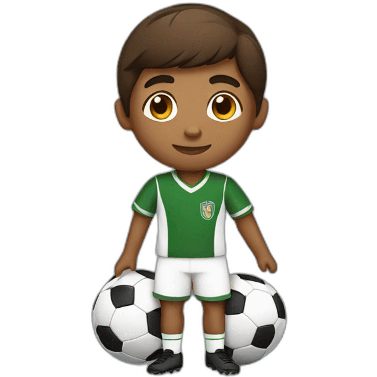 brown boy wearing soccer uniform holding a football emoji