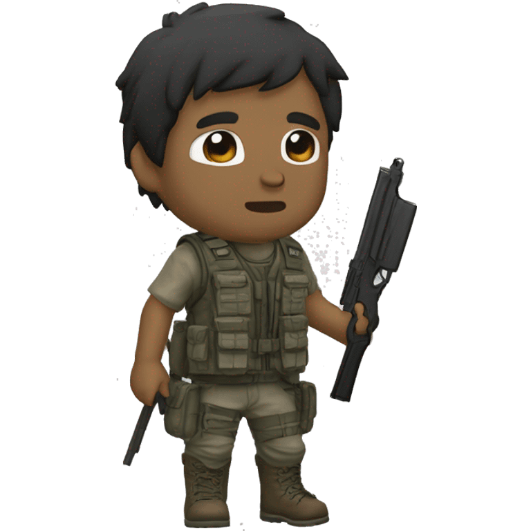 homem chibi survival mostrando as costas olhando para o lado, vestido de caçador inspirado em dayz, fardamento brasileiro, backround pos apocalíptico  emoji