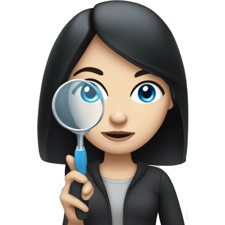 white girl with black hair and blue eyes with magnifying glass emoji