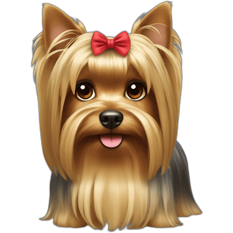 Yorkshire terrier with long beautiful hair and a gathered tail on the face decorated with a bow emoji