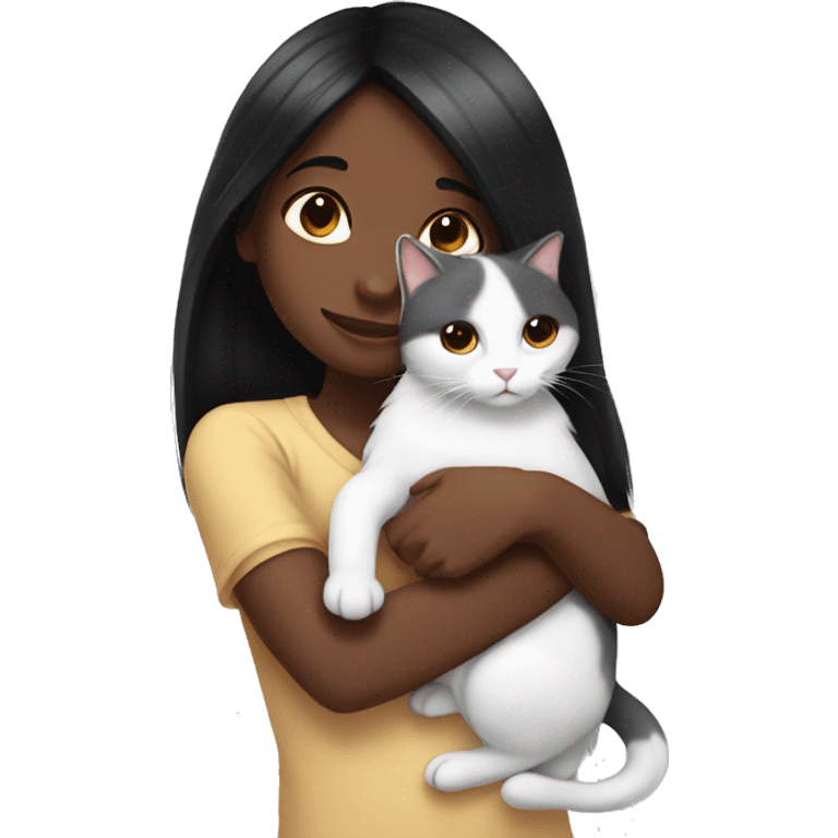 girl with very long black hair and brown skin hugging a white cat emoji