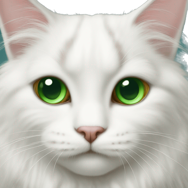 Fluffy white cat, green eyes, lop-eared emoji