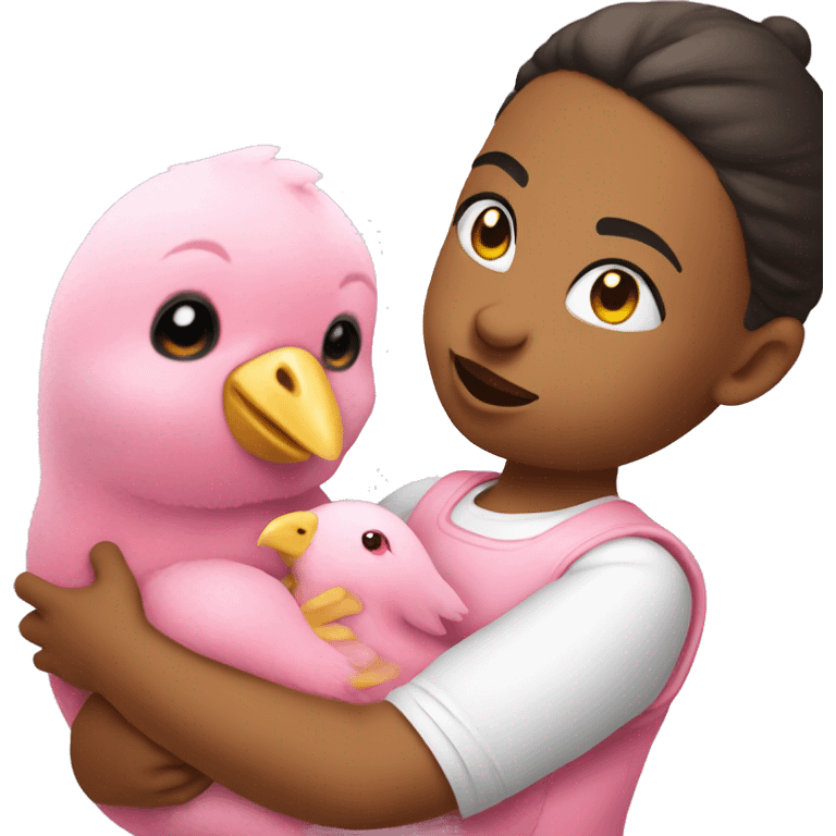 Pink plush bear with a coquette holding a baby chicken emoji