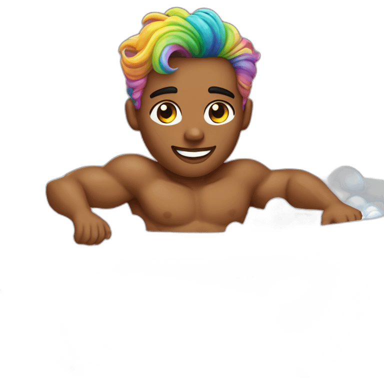 Posh-muscle-boy-with-pearl-necklace-and-rainbow-unicorn-hair-in-golden-bathtub emoji