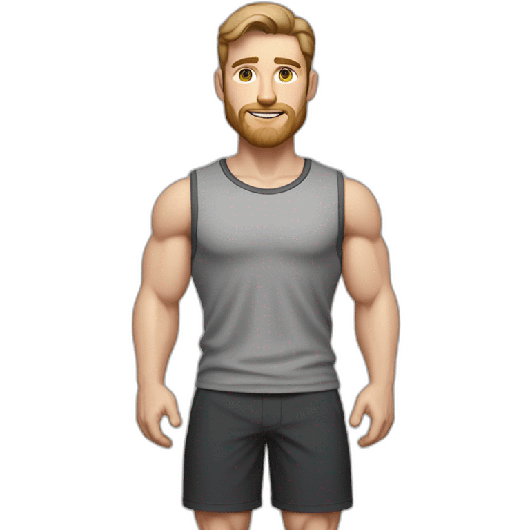 Full height Pale skinned fit man With biceps, Realistic eyes and mouth, light brown hair and stubble In dark gray sleeveless mike, black oversize sports shorts, watch and white sneakers. emoji