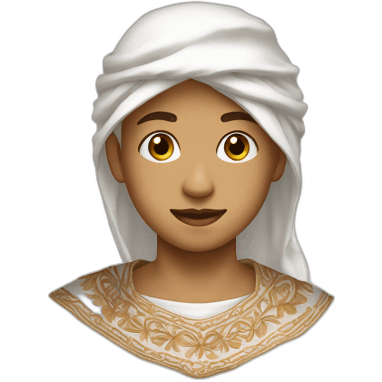 Boy wearing Ornate collar  white dress for male and wearing Embroidered light brown keffiyeh on his head  emoji