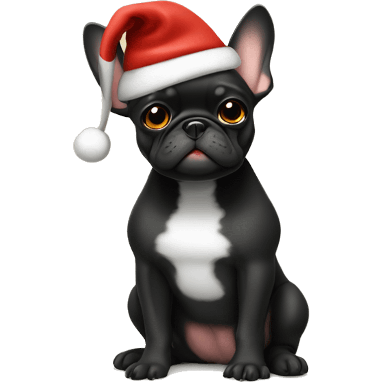 Mostly Black frenchie with tan paws wearing Santa hat and sitting emoji