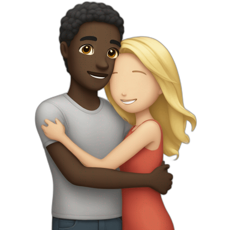 Girl with light skin hugging guy with dark skin  emoji