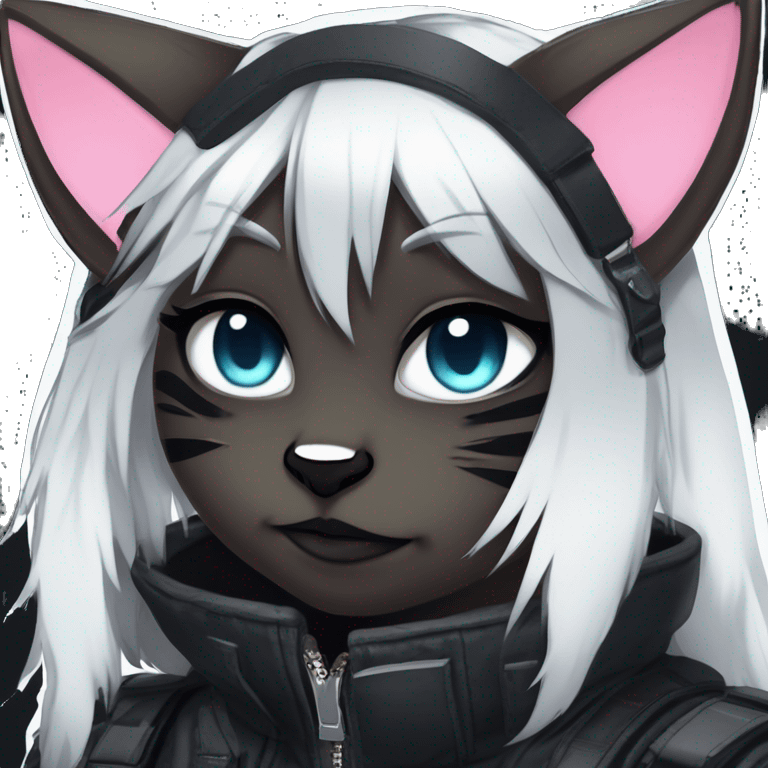 Gorgeous furry dark cyberpunk techwear anime style anthro black cat fursona with blushing face aesthetic and pretty edgy black with collar and harness trending style emoji