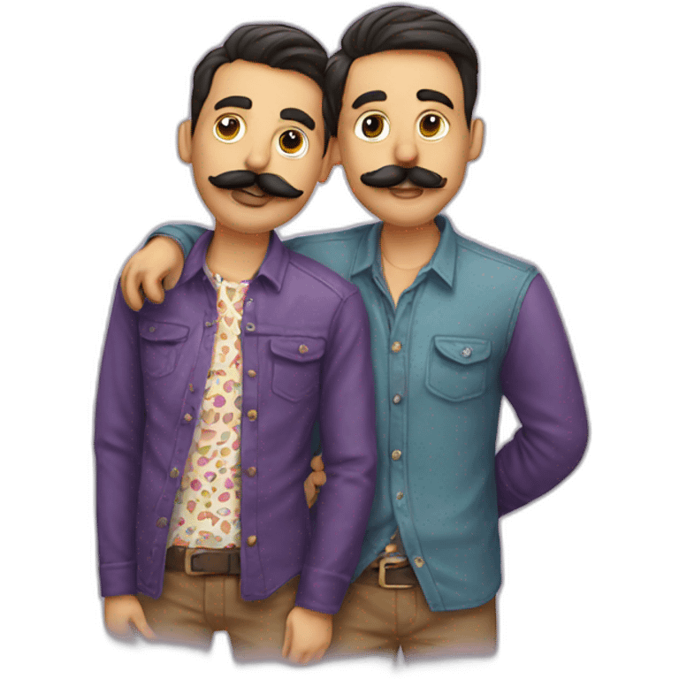 Two guys with moustache wearing printed shirts kissing  emoji