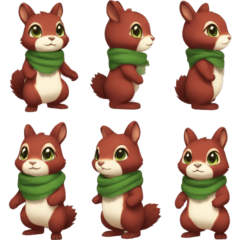 Cute, Chibi, chubby, fluffy, Kemono-style, Anthro, Fur-Sona, Dark-Red, Squirrel-Rabbit-hybrid-Fakémon, with a green scarf, full body emoji