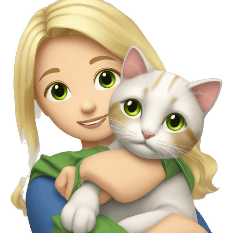 A girl with blonde hair and green eyes hugs a tricolor cat emoji