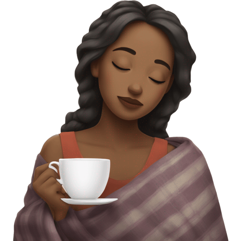 Girl sipping tea with eyes closed and blanket  emoji