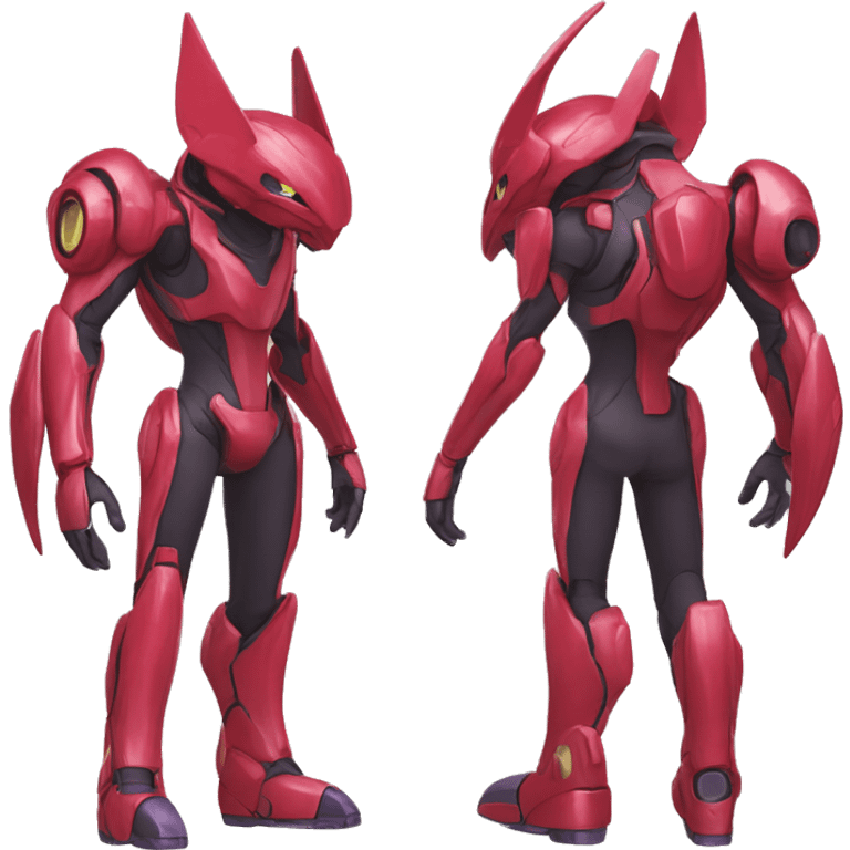 a shiny red Genesect-Raptor-Fakémon—hybrid with a futuristic visor-helmet full body emoji