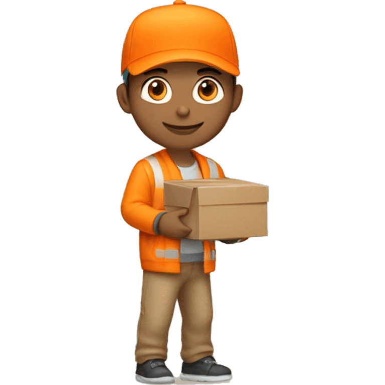 Delivery boy, full body, light skin tone, wearing orange cap and orange jacket, abx delivery company uniform loading a package background emoji