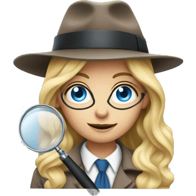 Girl with long wavy blonde hair and blue eyes, dressed as a detective with a magnifying glass over one eye emoji