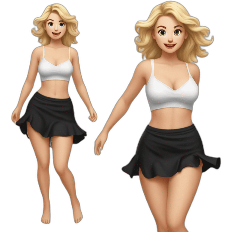 Hyperrealistic Full body Caucasian curvy beauty jumps white knickers back and front views black skirt strong wind emoji