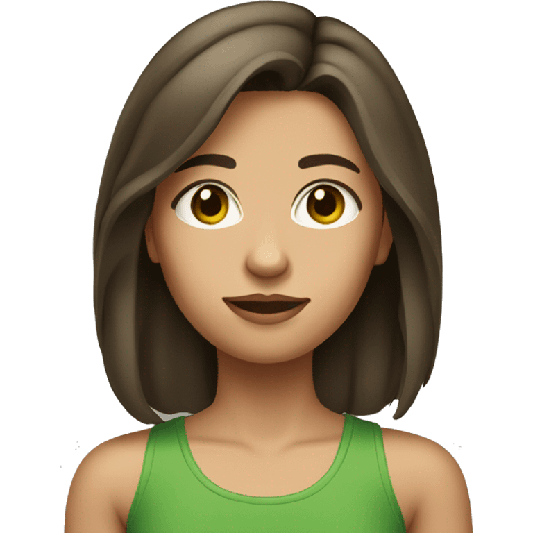 Brunette girl with shoulder length hair with hazel eyes wearing green tanktop emoji