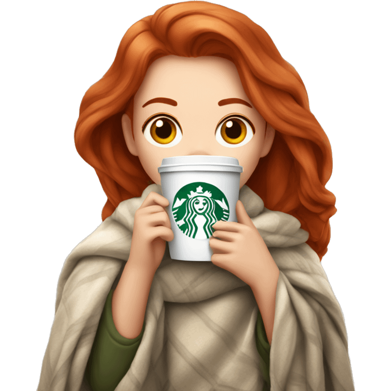 Pretty Redhead girl in cozy blanket drinking Starbucks emoji