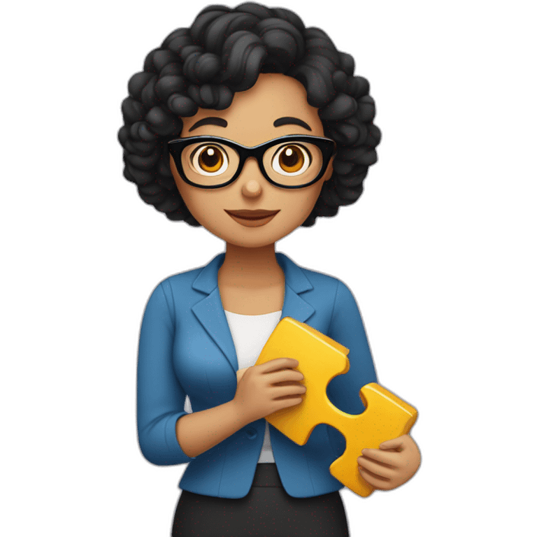 plump woman teacher in glasses with curly black hair holding large puzzles in her hands emoji