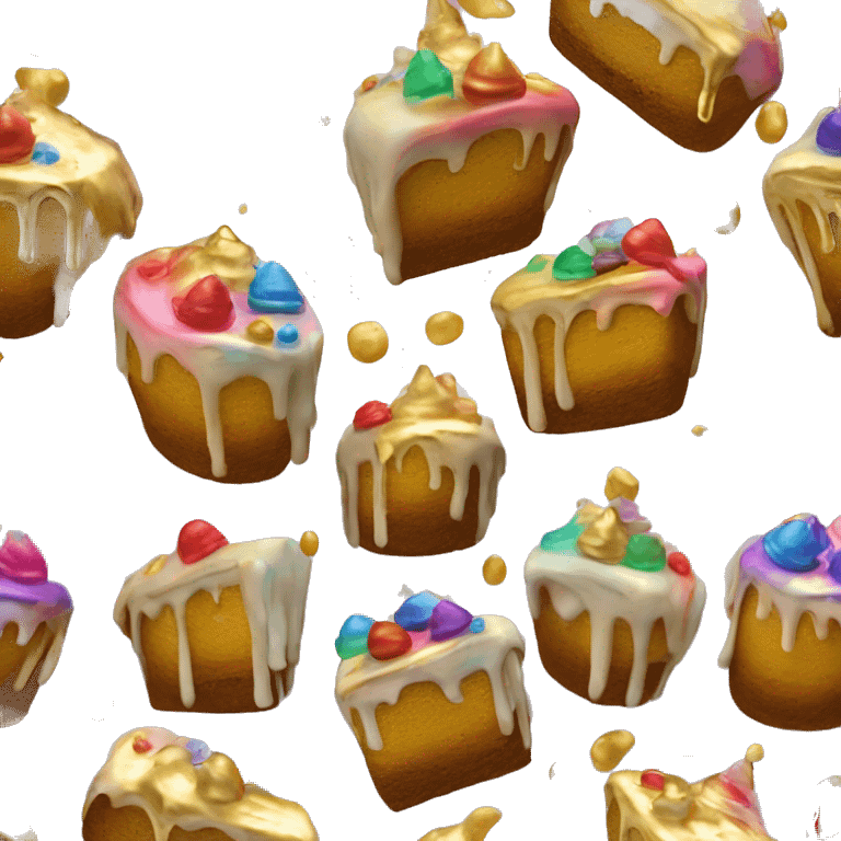 Realistic isolated colorful cake with metallic gold icing dripping from top and all down along the cake emoji