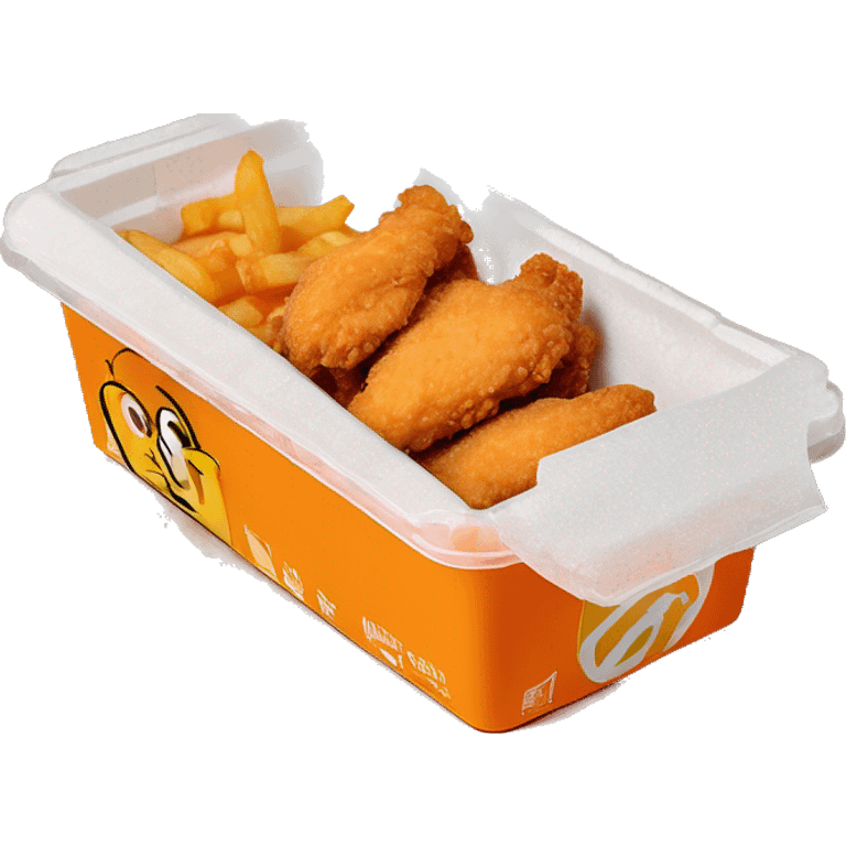 3 chicken tenders with crinkle fries and orange sauce on the side in a styrofoam container styrofoam container emoji