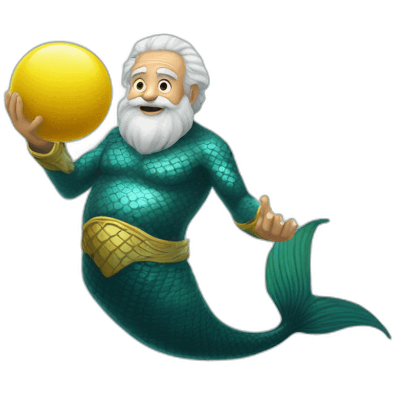 Underwater happy old and bold man mermaid swimming, snorkel equipement, holding a small yellow ball, winning enthousiasm with kungfu pose emoji