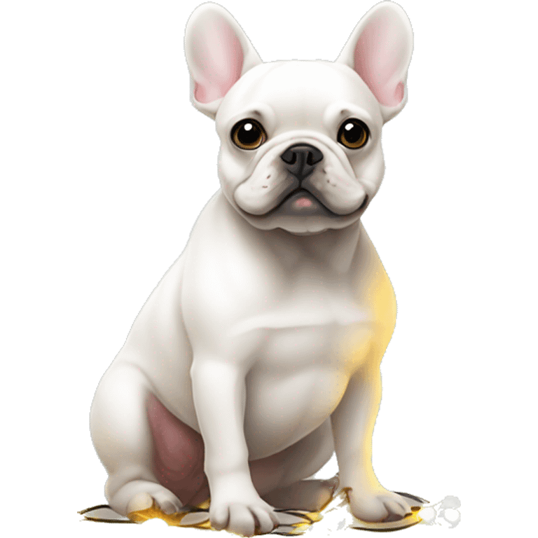 White frenchie sitting on Christmas lights emoji