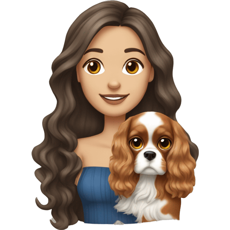 Pretty white brunette long wavy hair girl, holding a cute cavalier King Charles spaniel dog with short ears wavy fur emoji