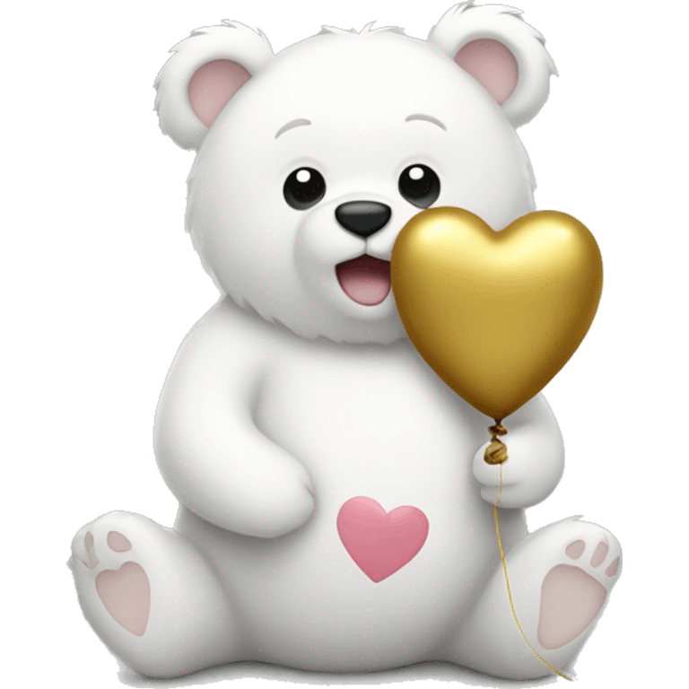 A bear with white fur holding a balloon that is in the shape of a gold heart.  emoji