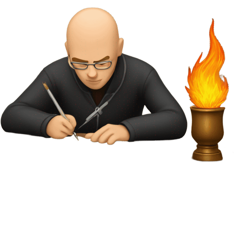 bald guy writing with a quill that's on fire emoji