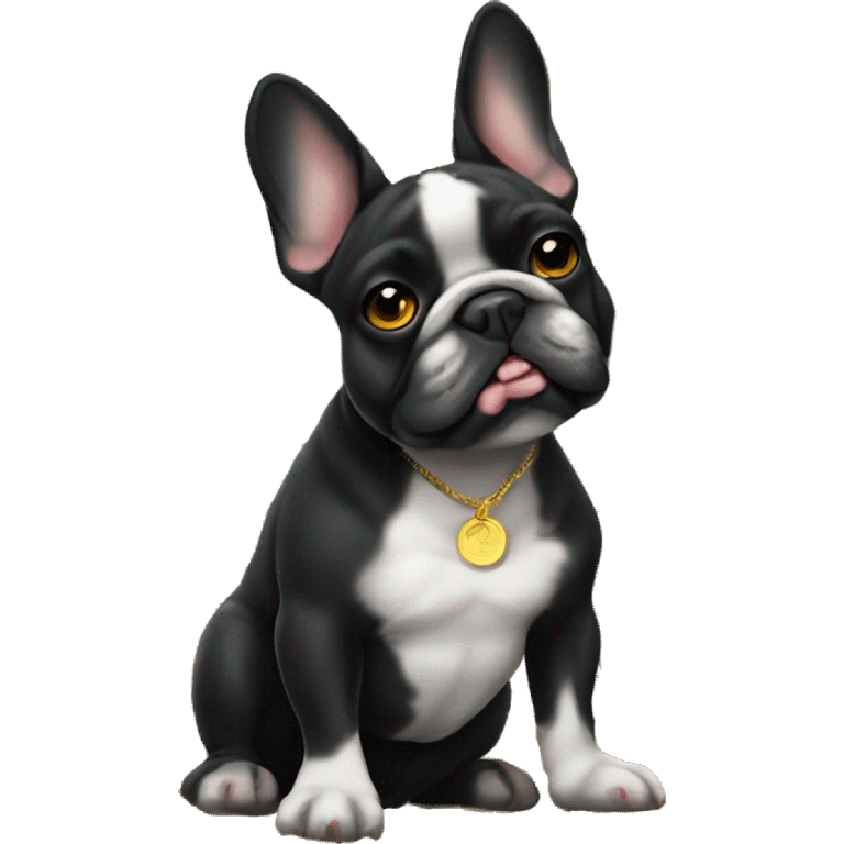 Black-and-tan French bulldog sitting on gold coins emoji