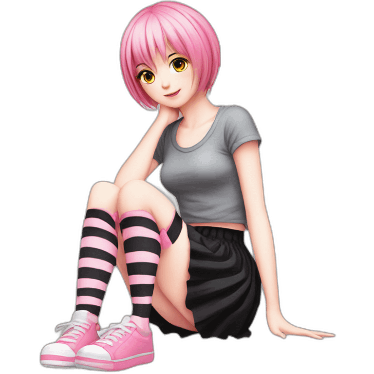 full body Front view emo girl sits on the floor black skirt pink knickers striped stockings emoji