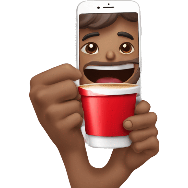 red cup of coffee to go holds phone in hands and takes selfie emoji