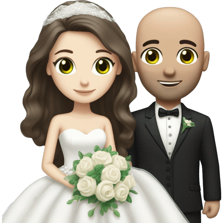 white girl with green eyes and long dark brown hair in wedding dress with bald blueeyed husband  emoji