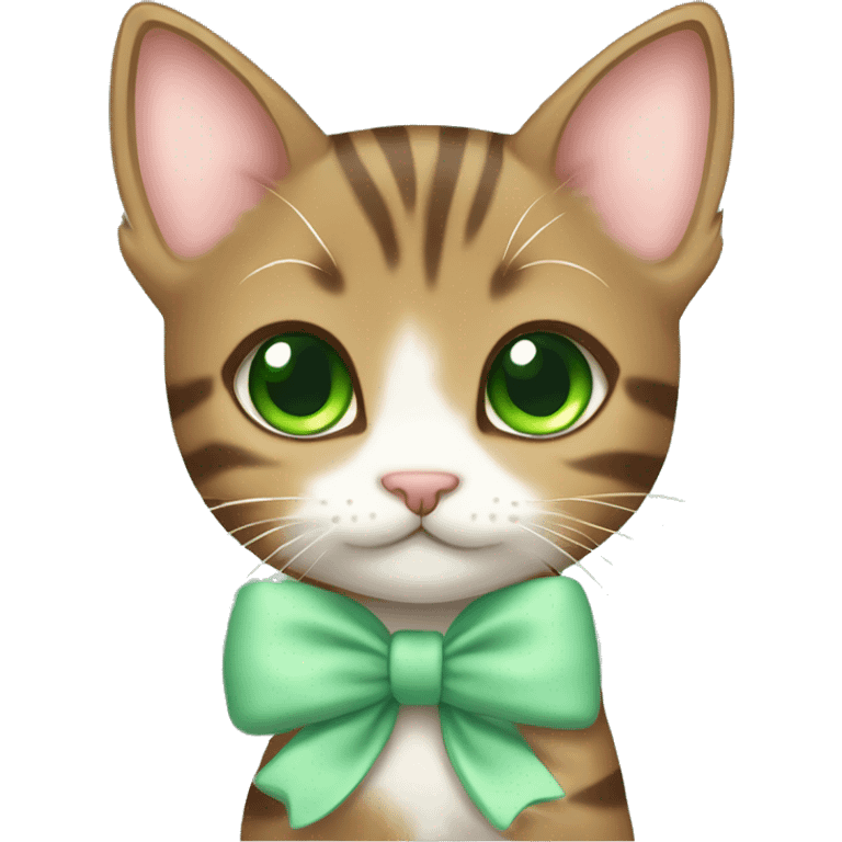 kawaii brown tabby kitten with green eyes and pastel green bow on ear emoji