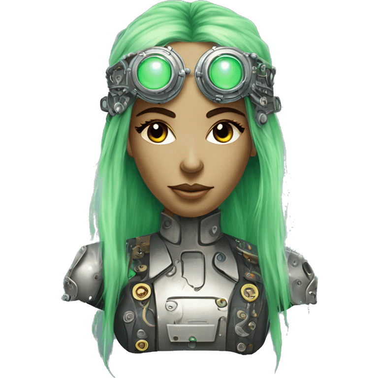 Light green long hair female cyborg head with silver steampunk headband goggles, circuits emoji