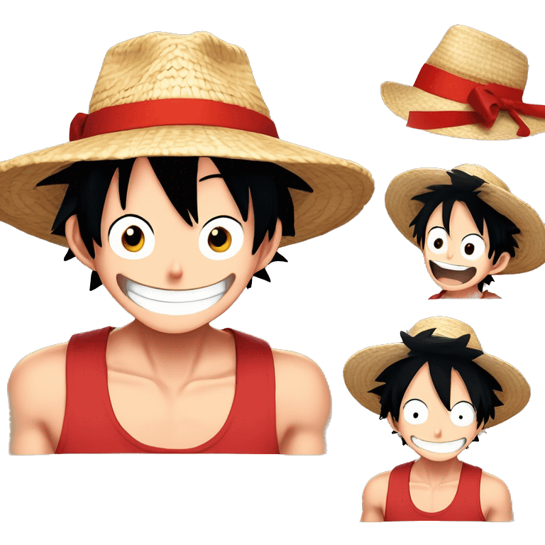 Monkey D LUFFY, Young guy with black hair in a red tank top, wearing a straw hat with a  red ribbon is making an extremely goofy silly face with a huge smile emoji